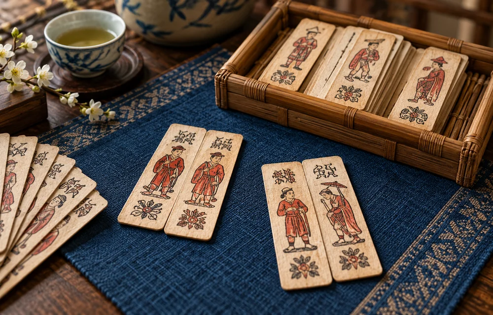 Những quân bài Chắn dài, có hình vẽ truyền thống, xếp cạnh khay tre — minh họa trong cẩm nang cách chơi bài Việt Nam.