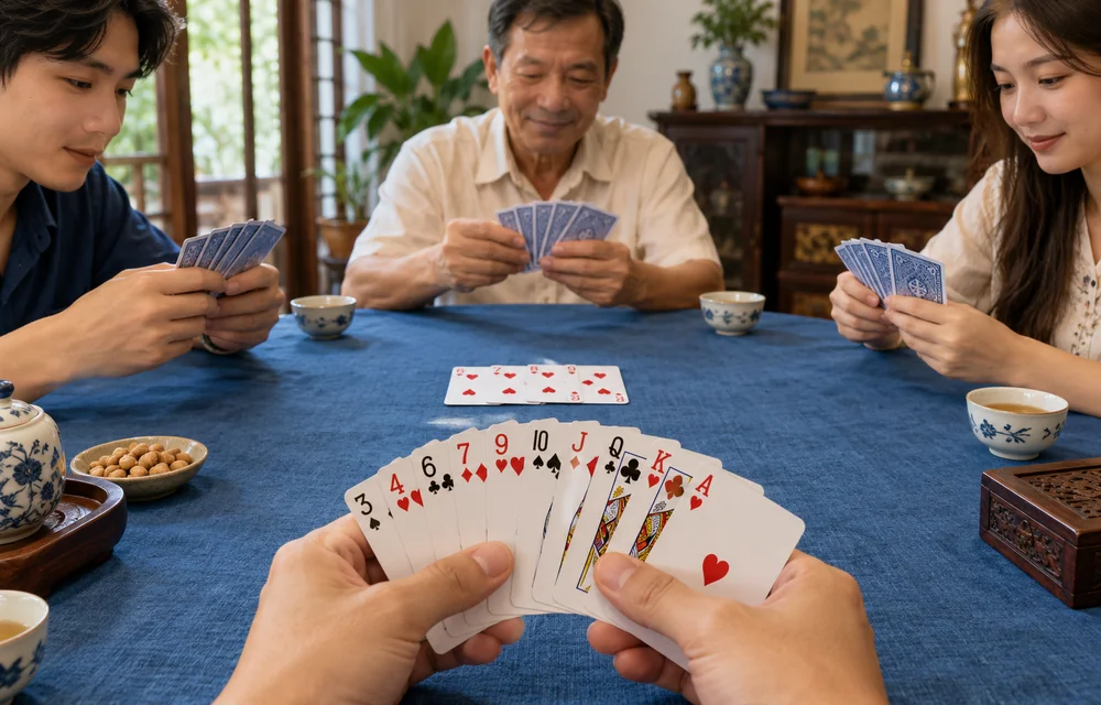 Bài Tây xòe trên bàn xanh với các vị trí chơi Tiến Lên — minh họa trong cẩm nang cách chơi bài Việt Nam.
